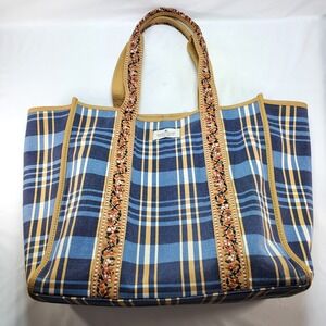 SPARTINA  449 Large Tote Kalanta Plaid Navy Blue Floral Leather Trim